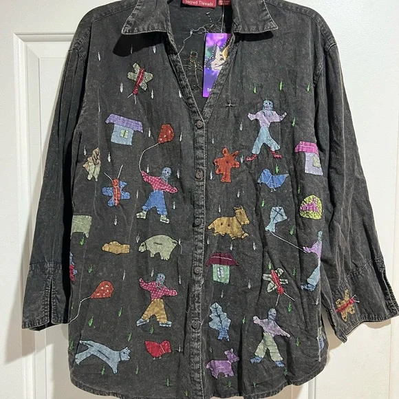 Patched Black Button-Up Shirt - Picture 1 of 8